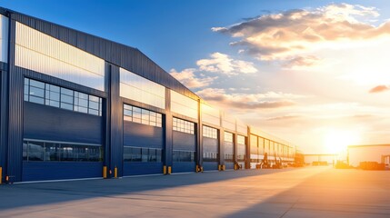Fototapeta premium Modern industrial building with blue facade and windows under a bright sunset sky view
