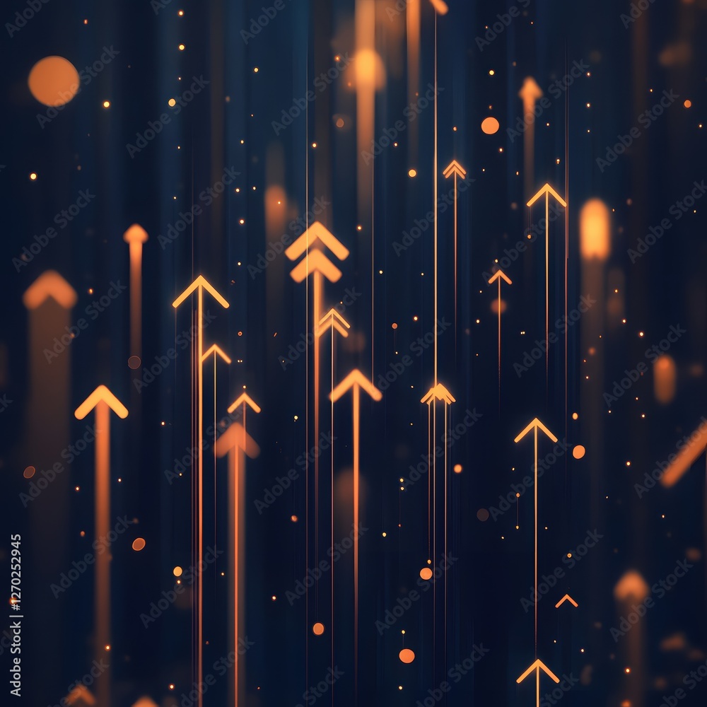 Poster abstract futuristic background with glowing orange arrows pointing upwards in dark blue space