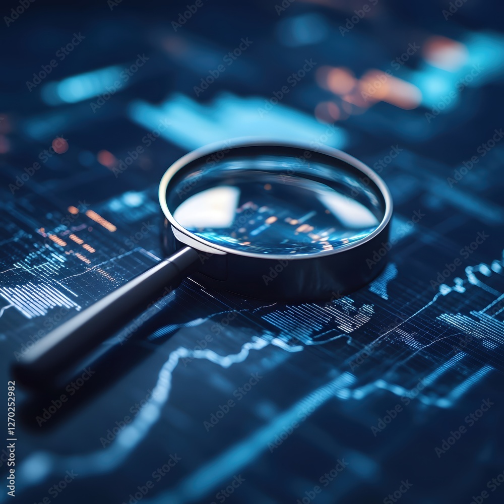 Poster magnifying glass over data analysis financial charts and graphs in blue tones for business