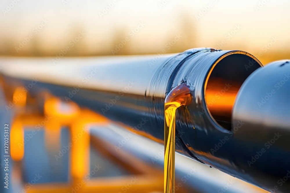 Poster Golden Liquid Flowing from Industrial Pipe Capturing Energy and Motion in a Close Up View