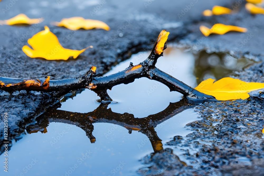 Aufkleber autumnal reflection capturing yellow leaves and branch in puddle on wet asphalt surface