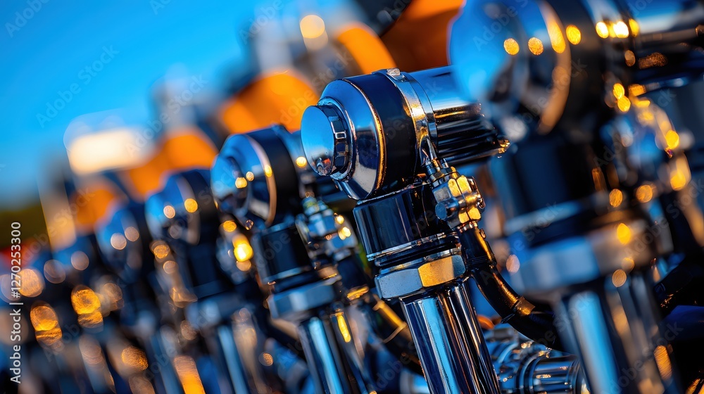 Leinwandbilder row of chrome motorcycle engine components shimmering in evening light with bokeh background and sha