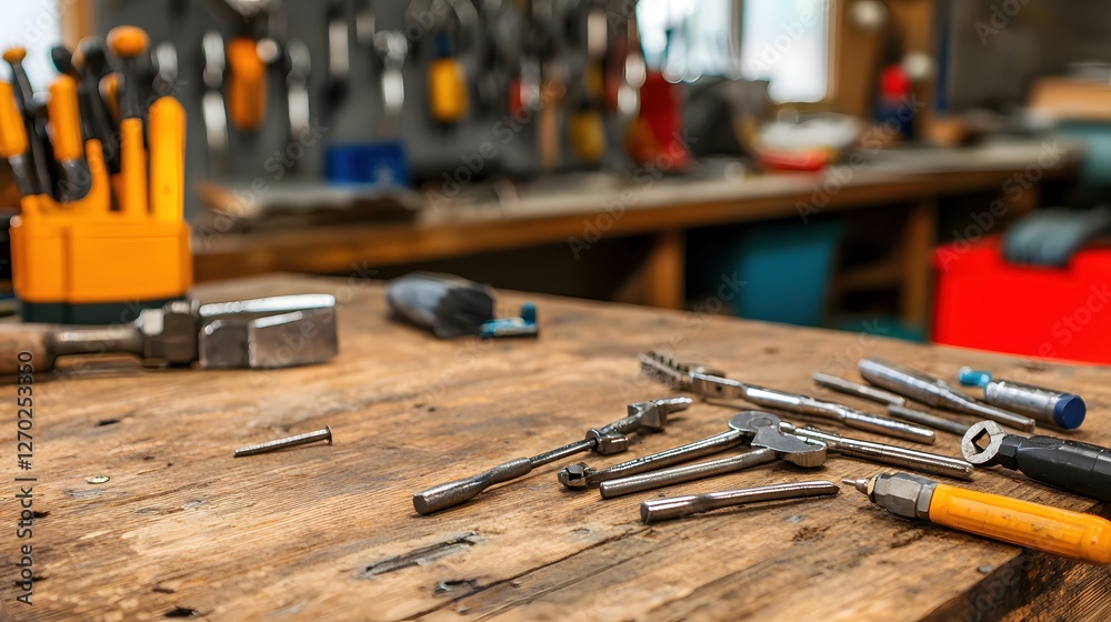 Aufkleber assortment of metal tools scattered on rustic wooden workbench in workshop with blurred background a