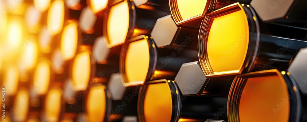 Aufkleber Golden Hexagonal Structure with Metallic Frame Abstract Design and Bright Light Effect