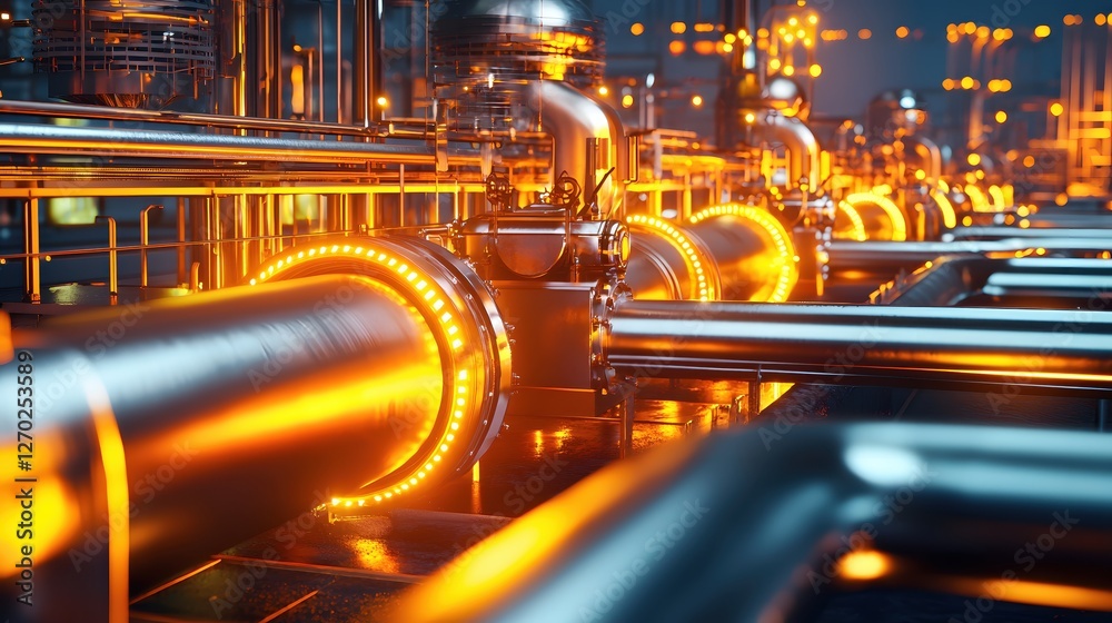 Leinwandbilder industrial metal pipes with orange light in a factory setting showcasing intricate machinery and fut