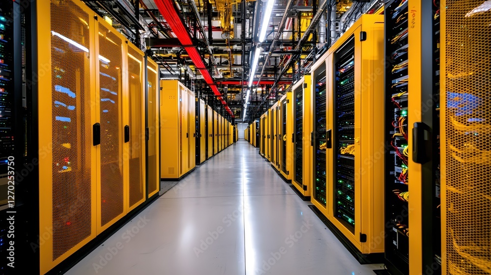 Poster server room with yellow racks and colorful cables modern data center infrastructure view
