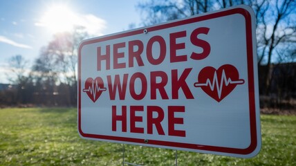 Heroes work here sign stands in a grassy field