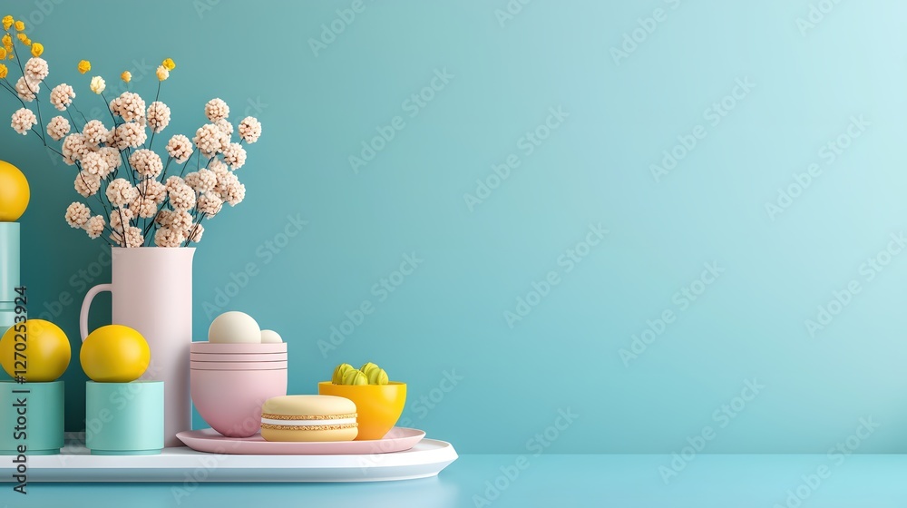 Aufkleber pastel still life with macarons flowers and geometric shapes creating a minimalist design