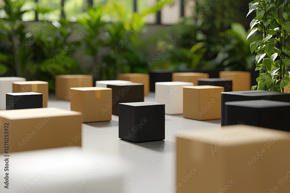 Poster abstract arrangement of geometric cubes with natural greenery in a modern minimalist style
