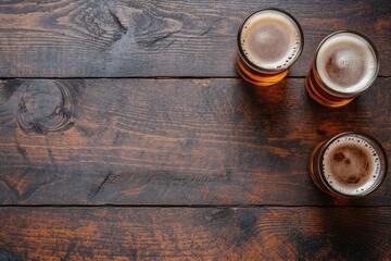 Three beer glasses with foam on a rustic wooden table, leaving space for text. Ideal for pub menus, brewery branding, and Oktoberfest promotions
