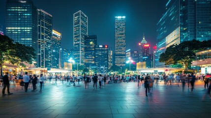 A busy city plaza with a skyline under bright city lights. Featuring vibrancy and excitement