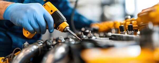 Mechanic precise work with yellow screwdriver on engine in workshop for auto repair service