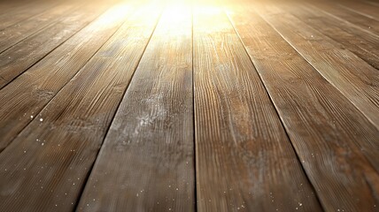 Warm sunlight on a rustic wooden floor, highlighting grain texture and natural details in a serene setting.