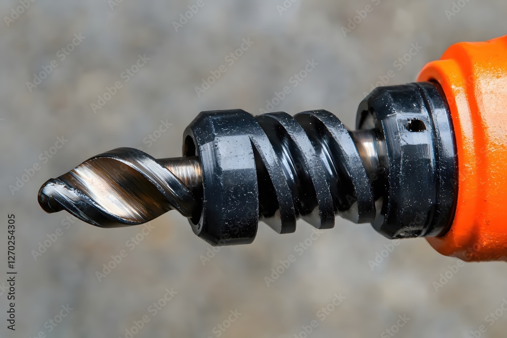 Aufkleber close up view of an orange drill with a black auger bit against a neutral background
