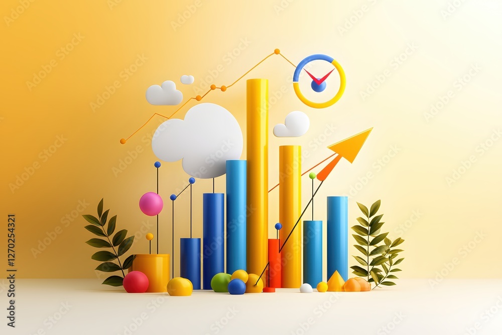 Aufkleber Abstract Business Growth Chart with Colorful Elements and Rising Arrow on Yellow Background