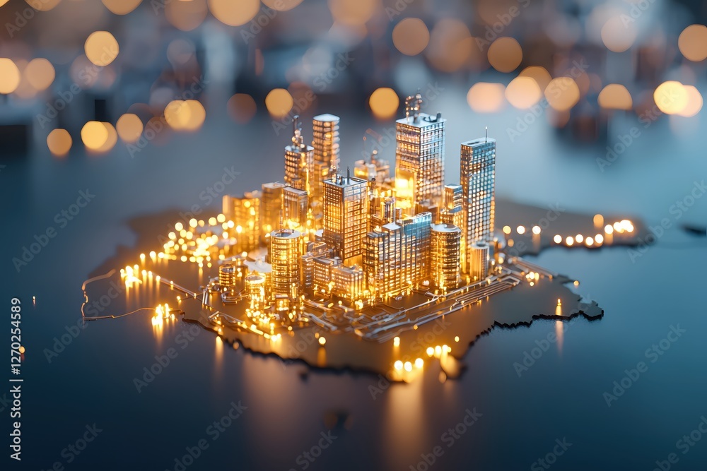 Poster miniature futuristic cityscape with glowing lights and sleek architecture on dark background