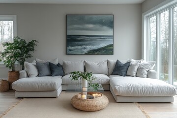 Large light gray modular sofa with oversized chaise lounge, Scandinavian style living room, white walls and floor, glass coffee table with candles, greenery, and blue-green painting.