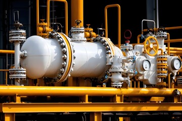 Obraz premium Industrial refinery equipment with yellow pipes and white tanks showcasing complex engineering