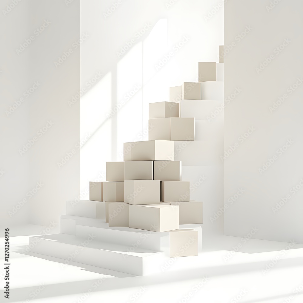 Poster minimalist staircase with boxes in bright sunlight creating a clean and modern aesthetic