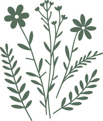 Illustrated floral bouquet with green leaves and flowers.