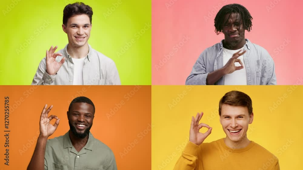 Poster four men of express the okay gesture while smiling. each man stands against a colorful backdrop, sho