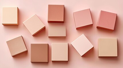Aesthetic arrangement of various pastel-colored boxes on a soft pink background, ideal for packaging design