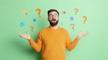 Confused man in orange sweater with question marks and icons on green background