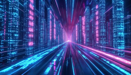 Fototapeta premium Futuristic city street illuminated with vibrant neon lights and lines