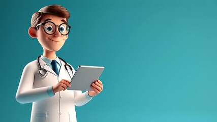 Friendly cartoon doctor holding a tablet in a bright blue background, ideal for healthcare themes