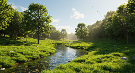 Winding River Reflecting Blue Sky in Lush Green Valley