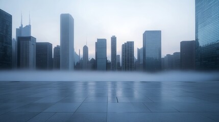 A city plaza with a skyline at dawn with soft mist. Featuring tranquility and transition
