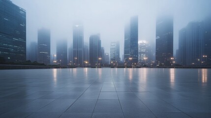 A city plaza with a skyline at dawn with soft mist. Featuring tranquility and transition