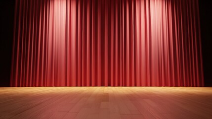 A rich, red stage curtain illuminated softly, setting the scene for a performance, evoking anticipation and theatrical ambiance.