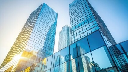 Modern skyscrapers reflecting sunlight in a vibrant urban setting with clear skies