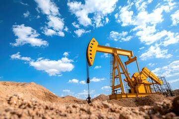 Obraz premium Yellow Oil Pump Jack Against a Blue Sky with White Clouds in a Desert Landscape Scene