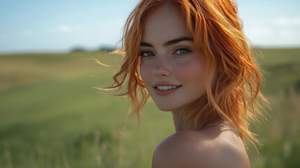 Colored hair woman wearing a green dress smiling at green grass field and blue sky