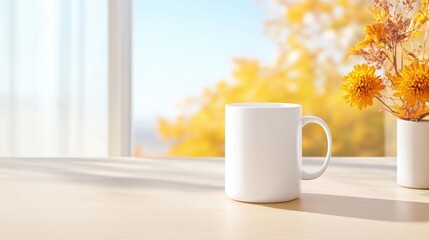 White coffee mug on a wooden table with autumn flowers and a bright window view