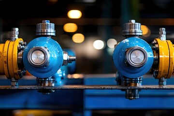 Obraz premium Industrial pipeline system with blue valves and yellow flanges in a factory setting detailed view