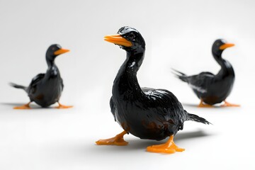 Glossy Black Duck Figurines Standing on a White Surface in a Studio Setting with Soft Lighting