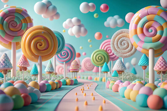 Candy-colored road through whimsical lollipop trees