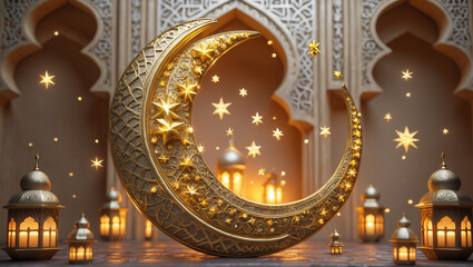 Obraz premium A luxurious Ramadan eid mubarak greeting card featuring a golden crescent moon with intricate patterns, glowing lanterns, and the text 'Ramadan Kareem' in elegant Arabic calligraphy
