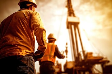 Fototapeta premium Oilfield workers overseeing drilling operation with derrick under bright sky, wearing hard hats and safety vests, industrial, warm tones, low angle view, professional