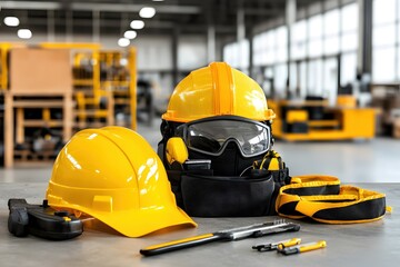 Arrangement of safety equipment including hard hats goggles and tool belt in industrial setting