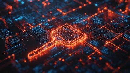 Futuristic digital cityscape with glowing circuits