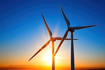 Renewable Energy at Sunset Two Wind Turbines Against a Vibrant Sky and Golden Sun Rays