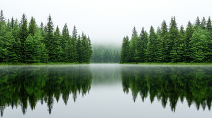 Obraz premium Lakeside scene with fog and reflections of lush green trees