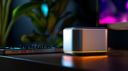 Silver cube speaker on desk with control panel and plants against dark background