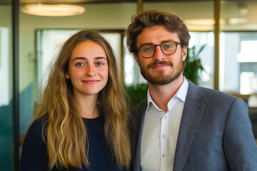 Portrait of two business people standing in an office