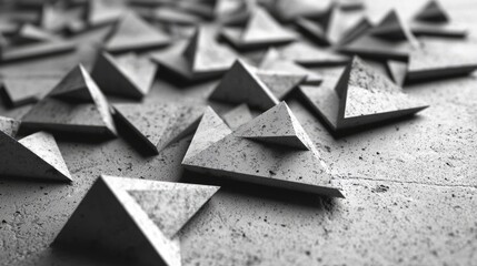 Abstract arrangement of concrete triangular shapes scattered on a textured surface, creating depth