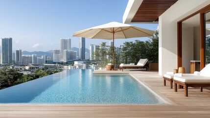 Fototapeta premium Luxurious infinity pool scene on rooftop with city skyline views